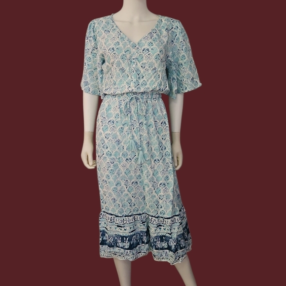 Margaux Riviera Dresses & Skirts - MARGAUX RIVIERA Aqua Patterned Short Sleeve V-Neck Blouson Shirt Dress